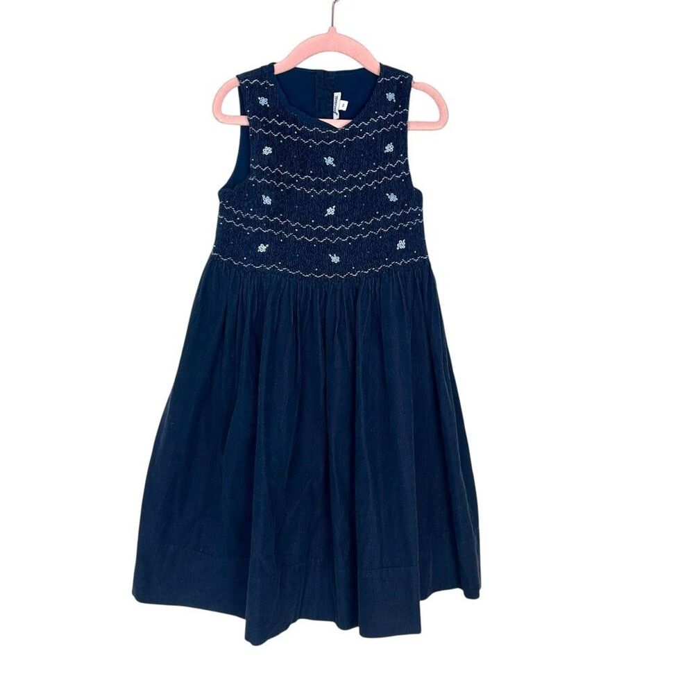 Jacadi Paris Dress Girls 6A Blue Embroidered Sleeveless Corduroy Cotton Smocked